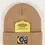 Thumbnail: Tan knit beanie with small tan & black gears patch on front brim & card that says, 'Brain Warmer for Big Thinkers.'