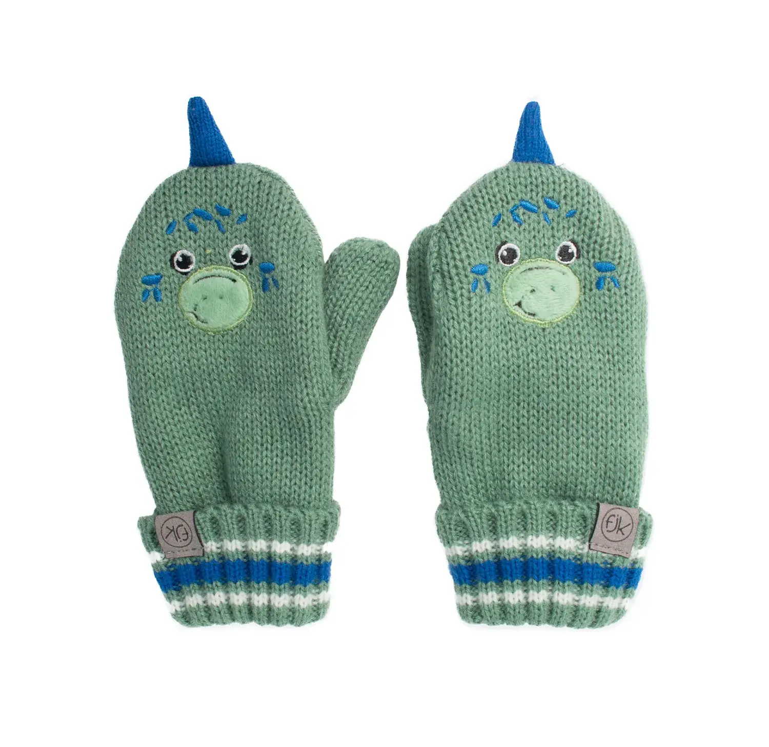 Pair of green knitted baby mittens with happy dino face & ears