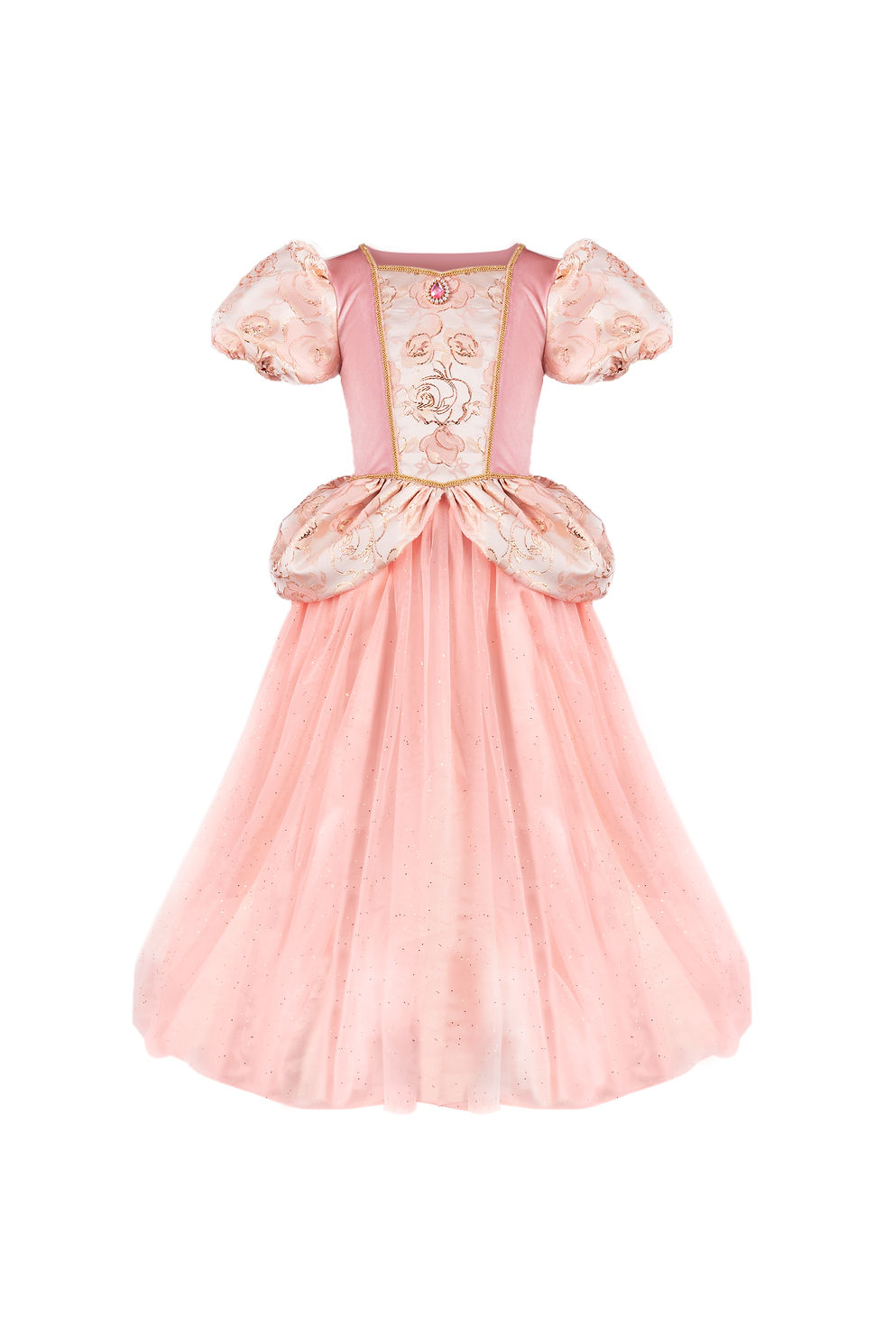 The Penelope Brocade Princess Gown featuring a floral woven bodice, puffed sleeves, and a glitter tulle skirt at Tickled Pink
