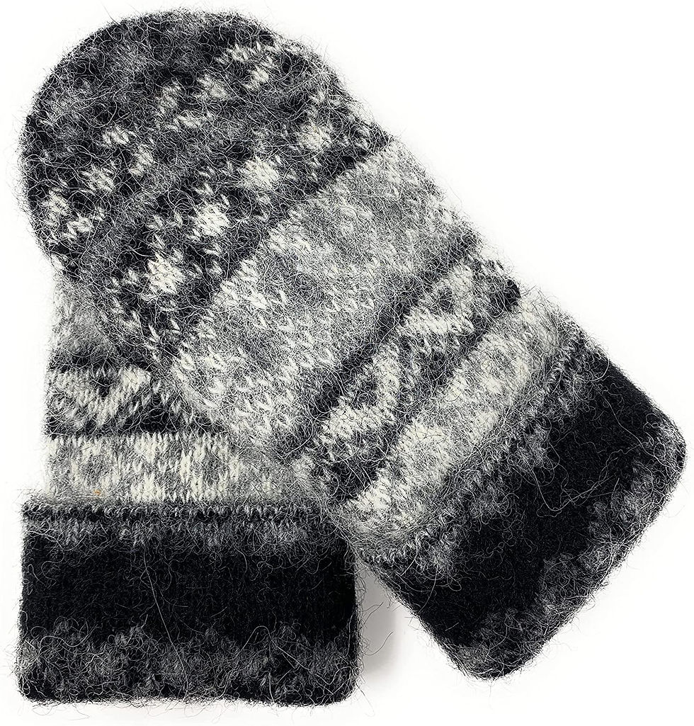 Pair of black white & gray knitted wool mitts with intricate design