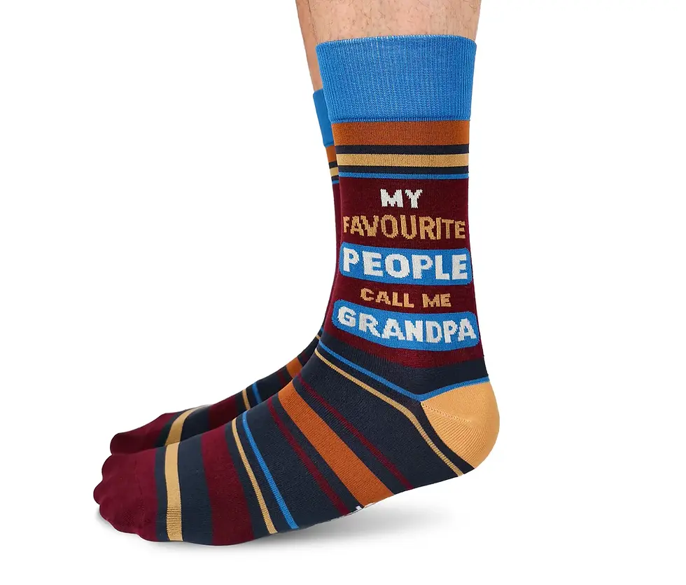 Side view of feet wearing burgundy, blue & yellow wide striped socks, text on side, 'My Favourite People Call Me Grandpa'