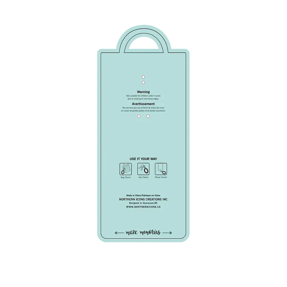 Thumbnail: Back of Northern Icons bag charm packaging showing usage instructions and warning text at Tickled Pink.