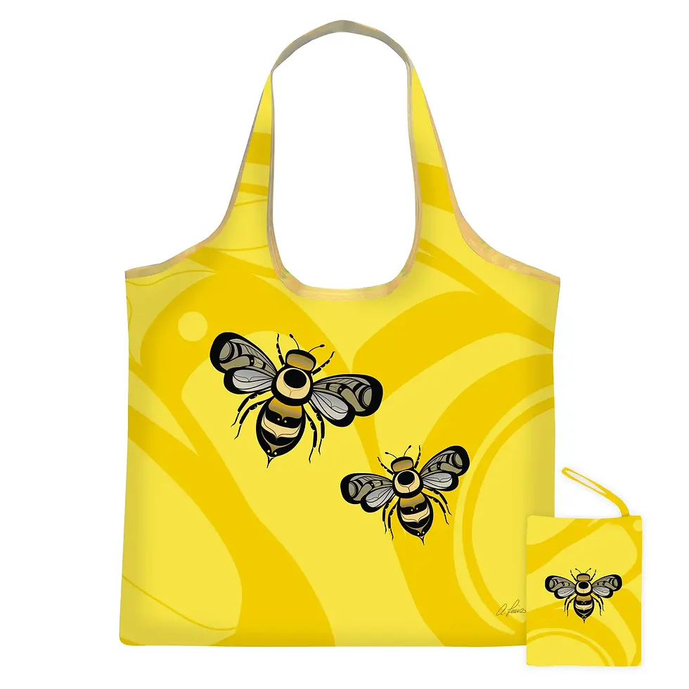 Wide handled reusable shopping bag printed with Adam Lewis's painting 'Gilakas'la (Thank You)' & matching small pouch