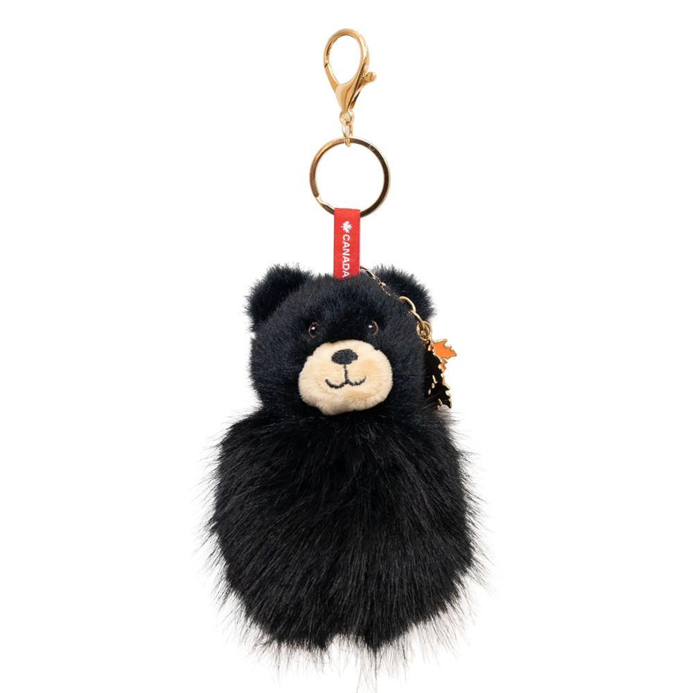 Black bear plush pom pom clip on bag charm at Tickled Pink Ottawa