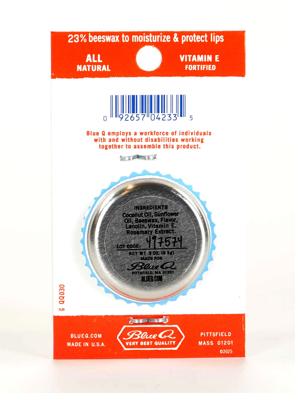 Back of package holding small round tin of Sunny Clementine lip balm showing ingredients