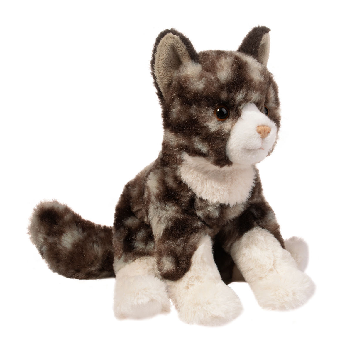Angled left view of soft cream & brown striped kitten stuffed toy animal with white paws & chest in seated position