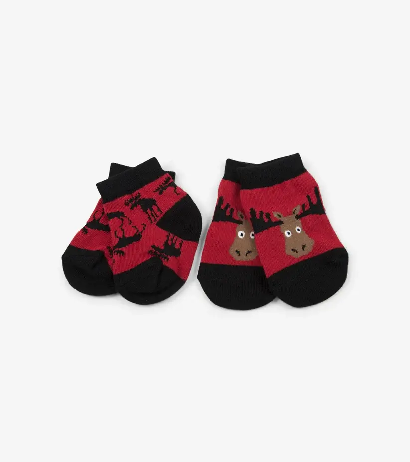 Little Blue House Moose on Red 2-pack baby crew socks with moose designs at Tickled Pink.