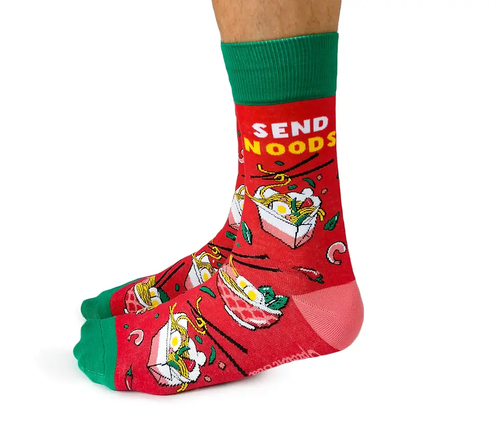 Side view of pair of red socks with print of overflowing take-out containers, text, "Send Noods"
