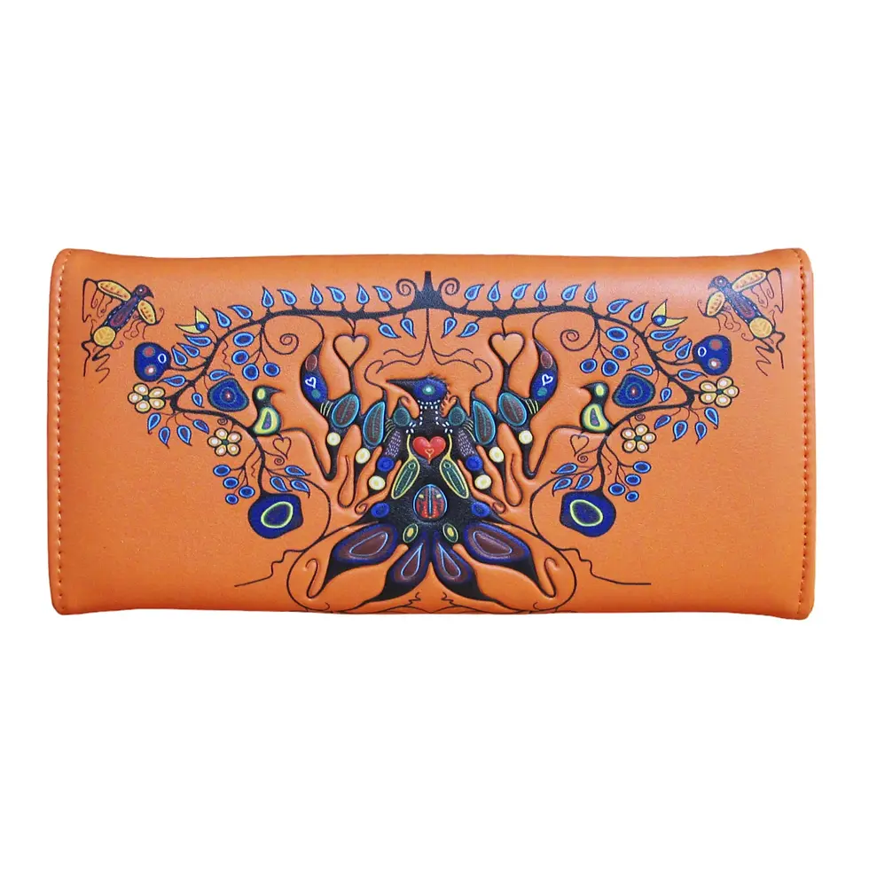 Thumbnail: Back of orange rectangular zippered faux leather wallet featuring artist Cody Houle's painting 'A Family Reimagined'