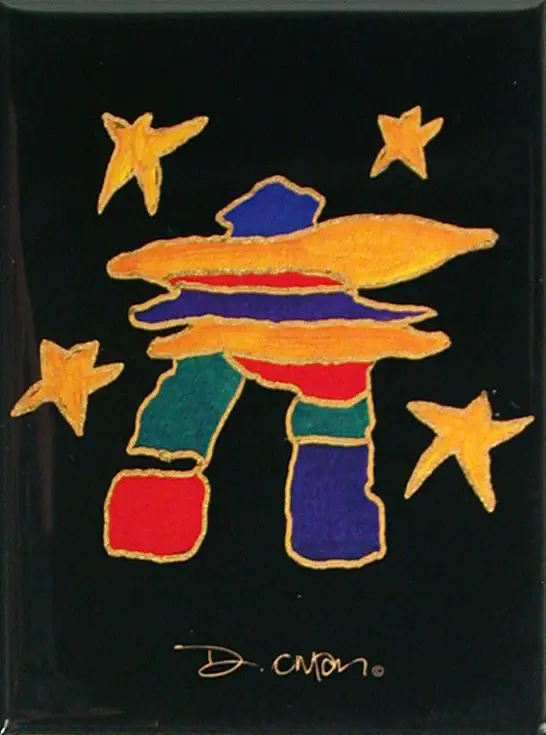 Black square magnet with Dawn Oman's 'Night Inukshuk' painting