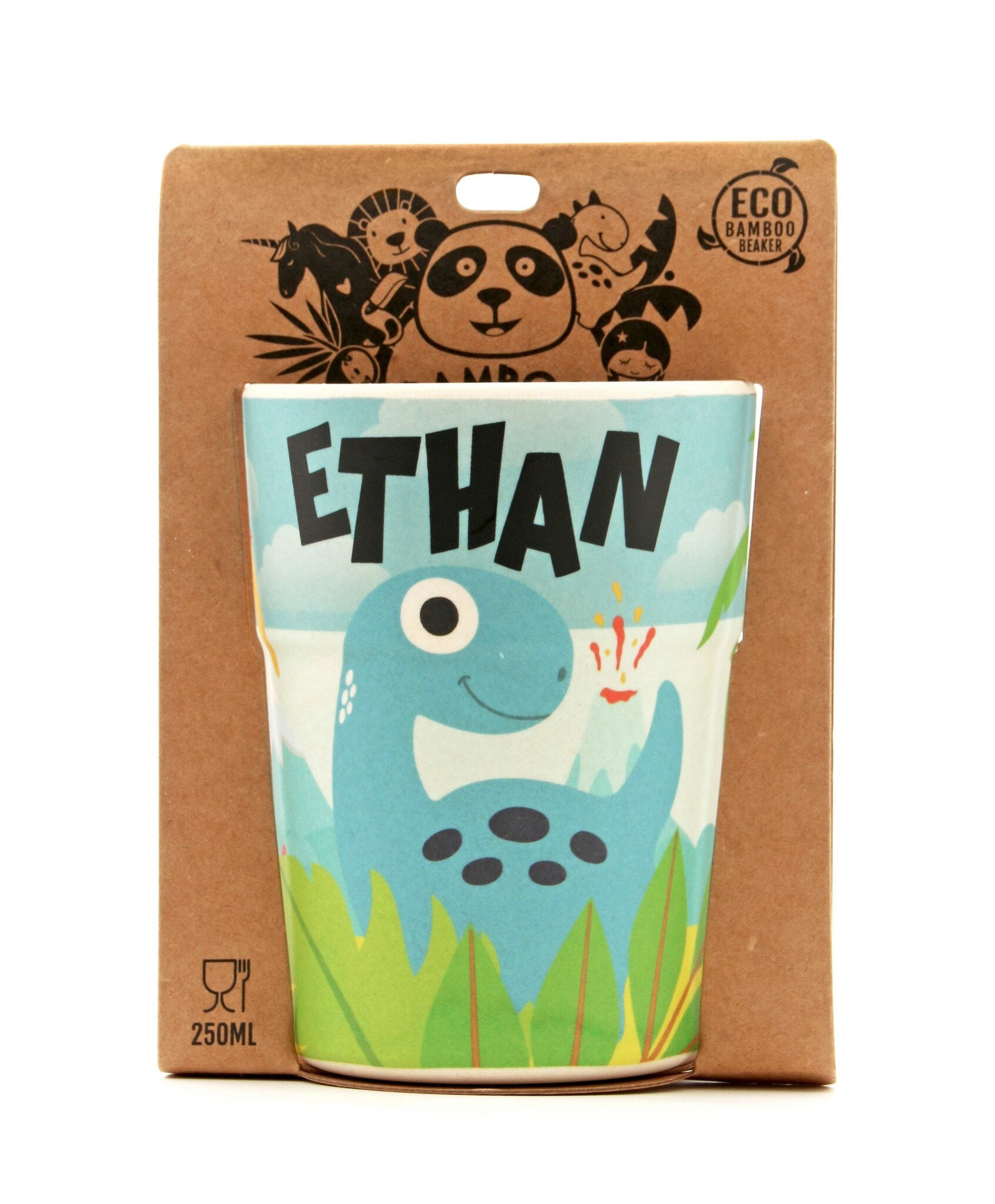 Colorful kids beaker with image of blue dinosaur & black text 'Ethan' in brown cardboard packaging with panda logo
