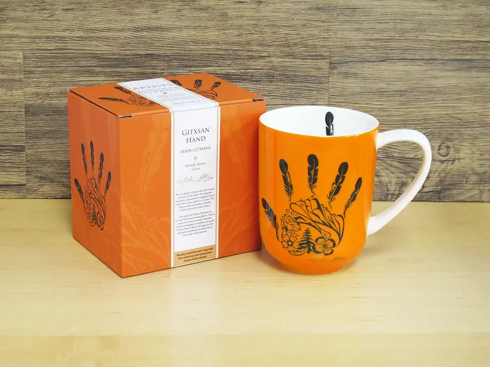 Thumbnail: Orange coffee mug printed with reproduction of Michell Stoney's painting 'Gitxsan Hand' with matching box