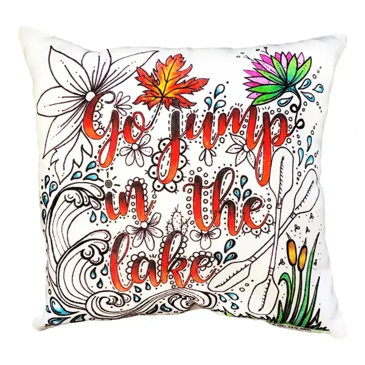 Pillow stamped with black & white Go Jump in the Lake design