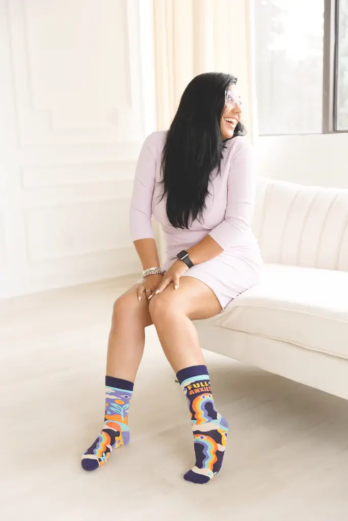 Woman wearing Anxiety socks