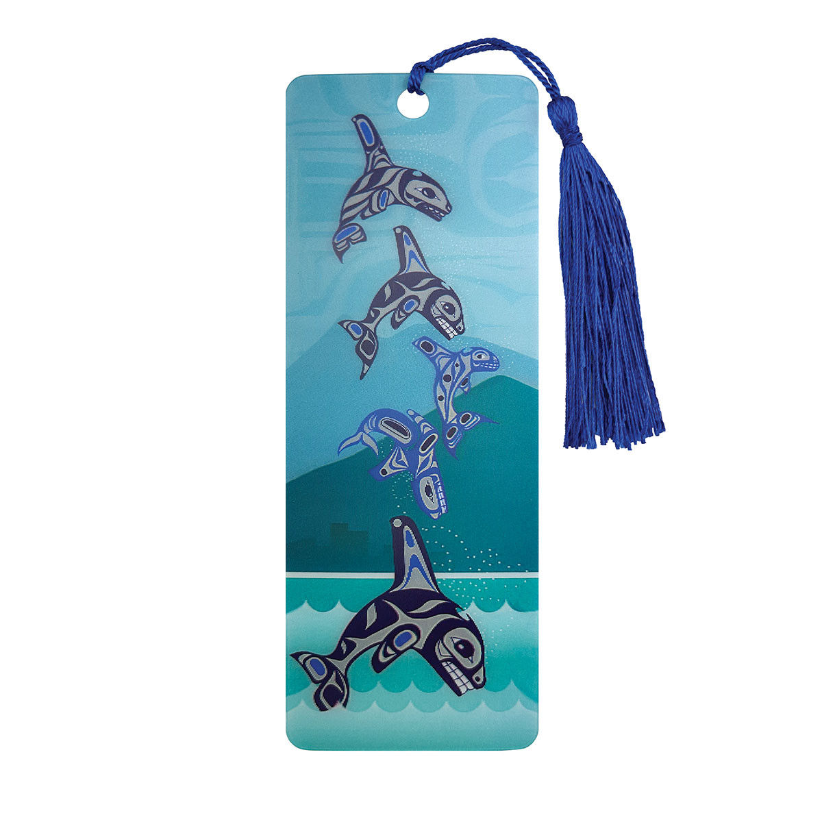 Orca Family 3D lenticular bookmark designed by Haisla and Heiltsuk artist Paul Windsor at Quichua World Market.