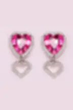 Pair of deep pink stone heart earrings with smaller drop heart dangle