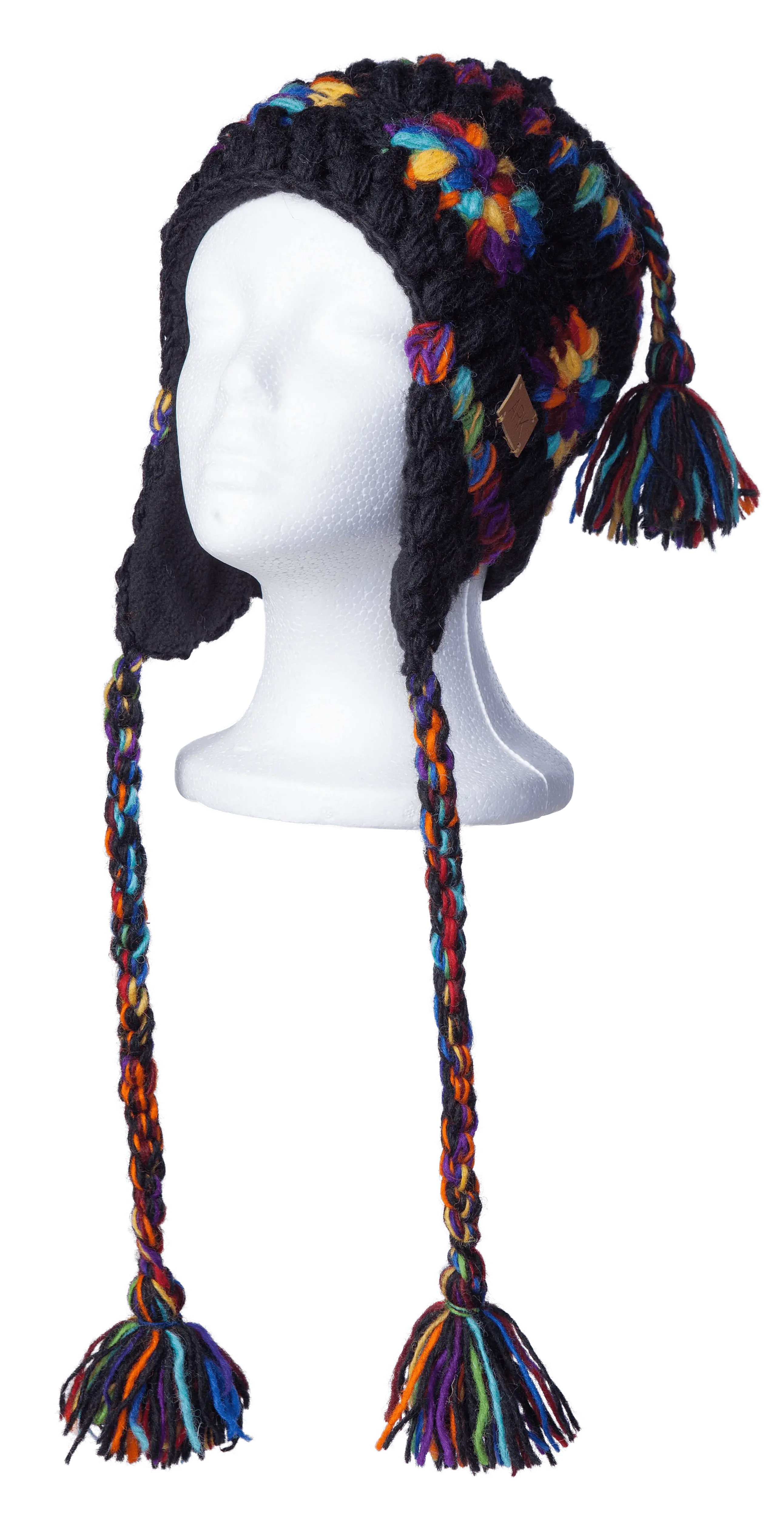 Black & rainbow crocheted wool slouchy pilot hat with very long chin ties