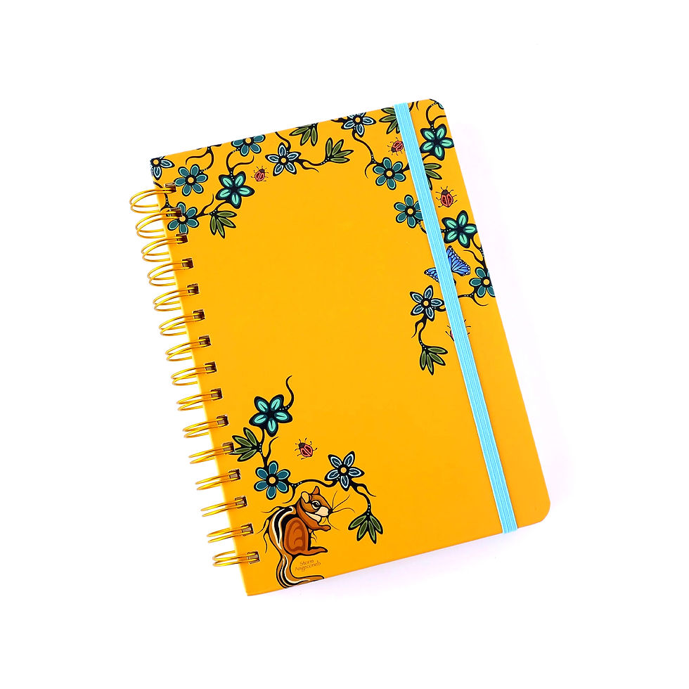 Yellow spiral journal notebook with artist Storm Angeconeb's Little Critters on the cover