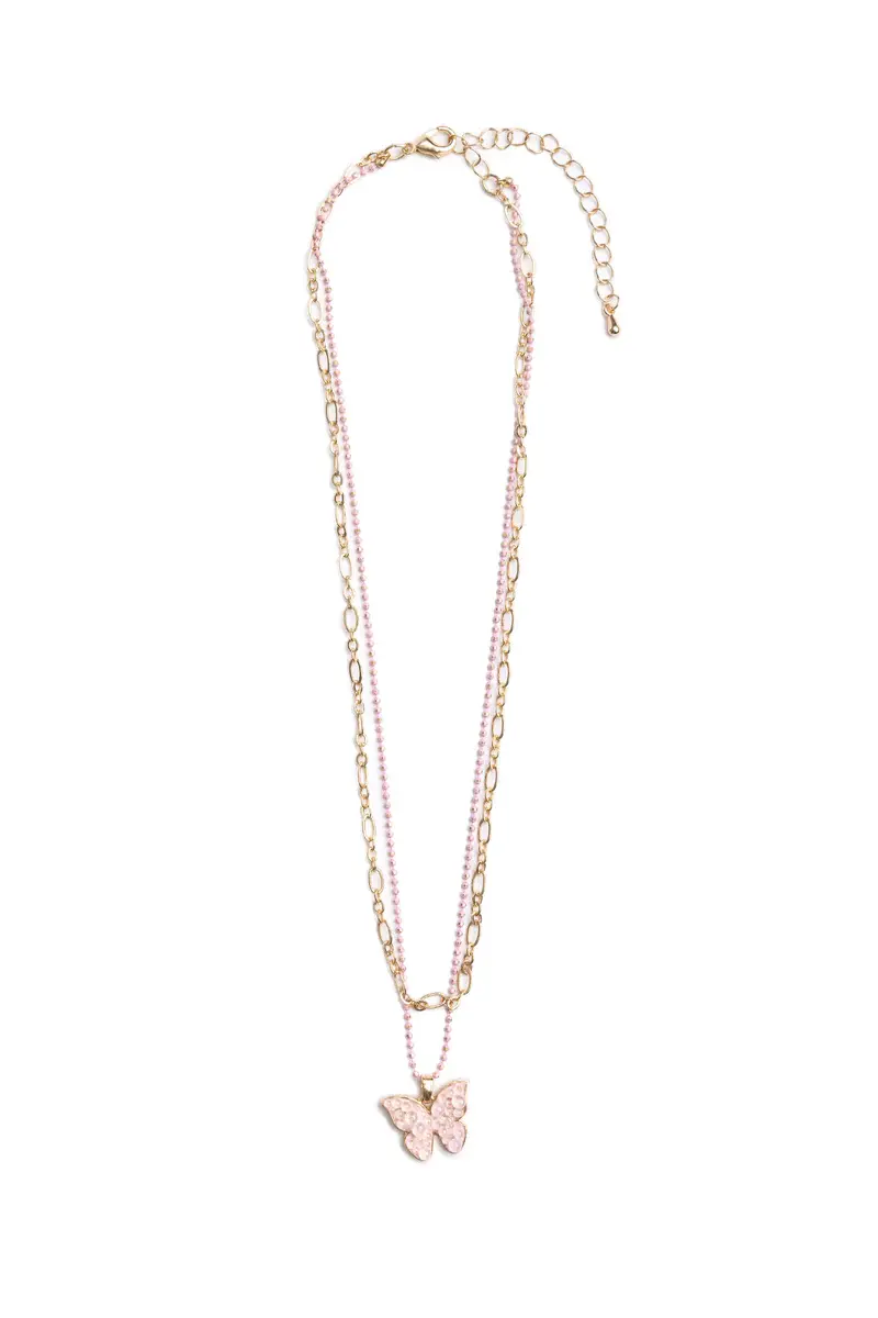 Double strand necklace, 1 gold-colored chain, 1 pink beads with butterfly pendant