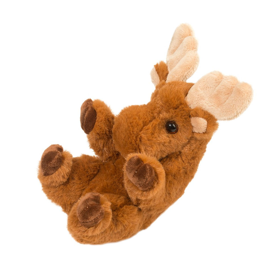 Left side view of brown stuffed toy moose with cream horns