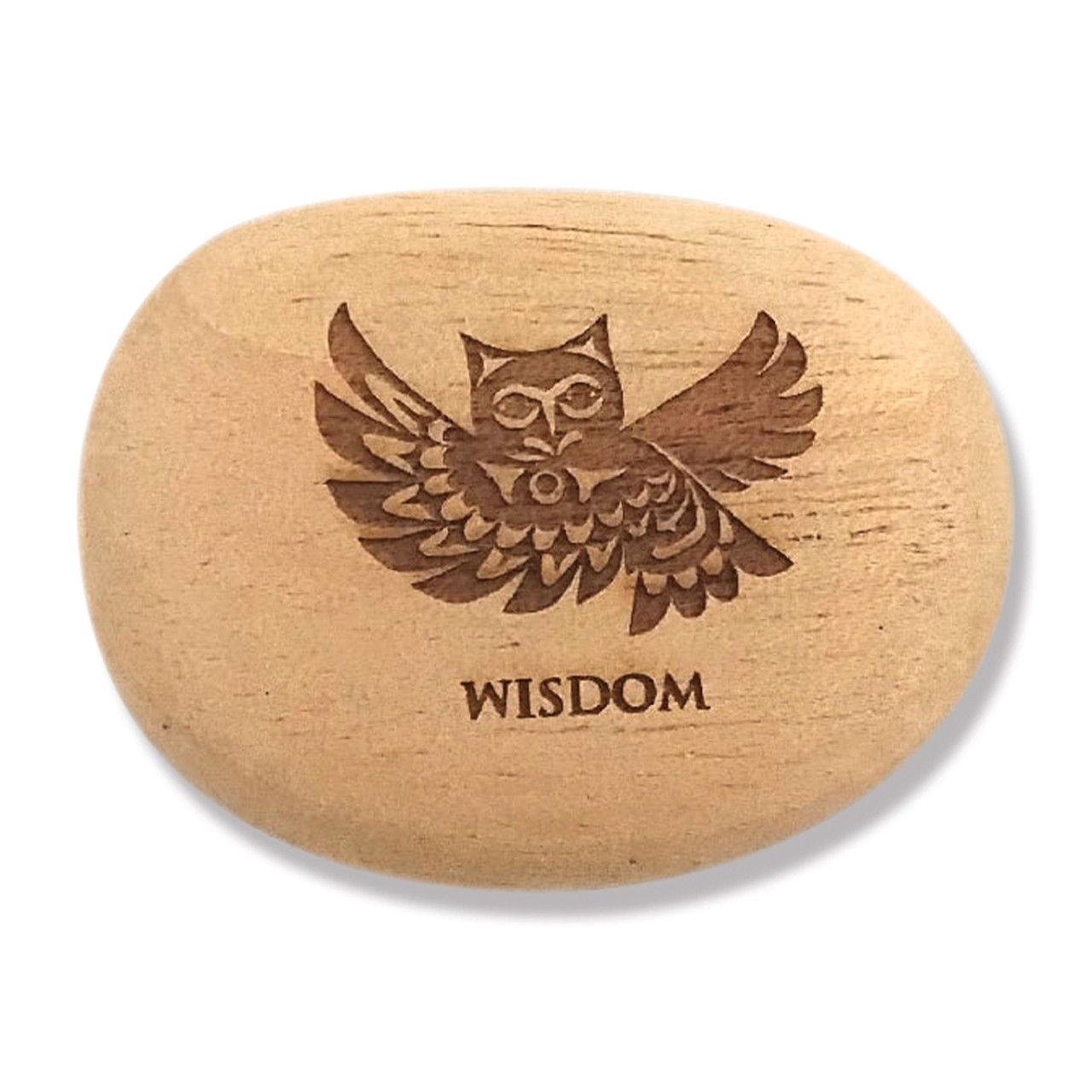 Oval shaped wood pocket charm engraved with artist Doug LaFortune's 'Owl' & text 'Wisdom'