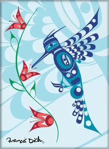 Magnet with Francis Dick's 'Peace, Love & Happiness' painting of hummingbird & flowers
