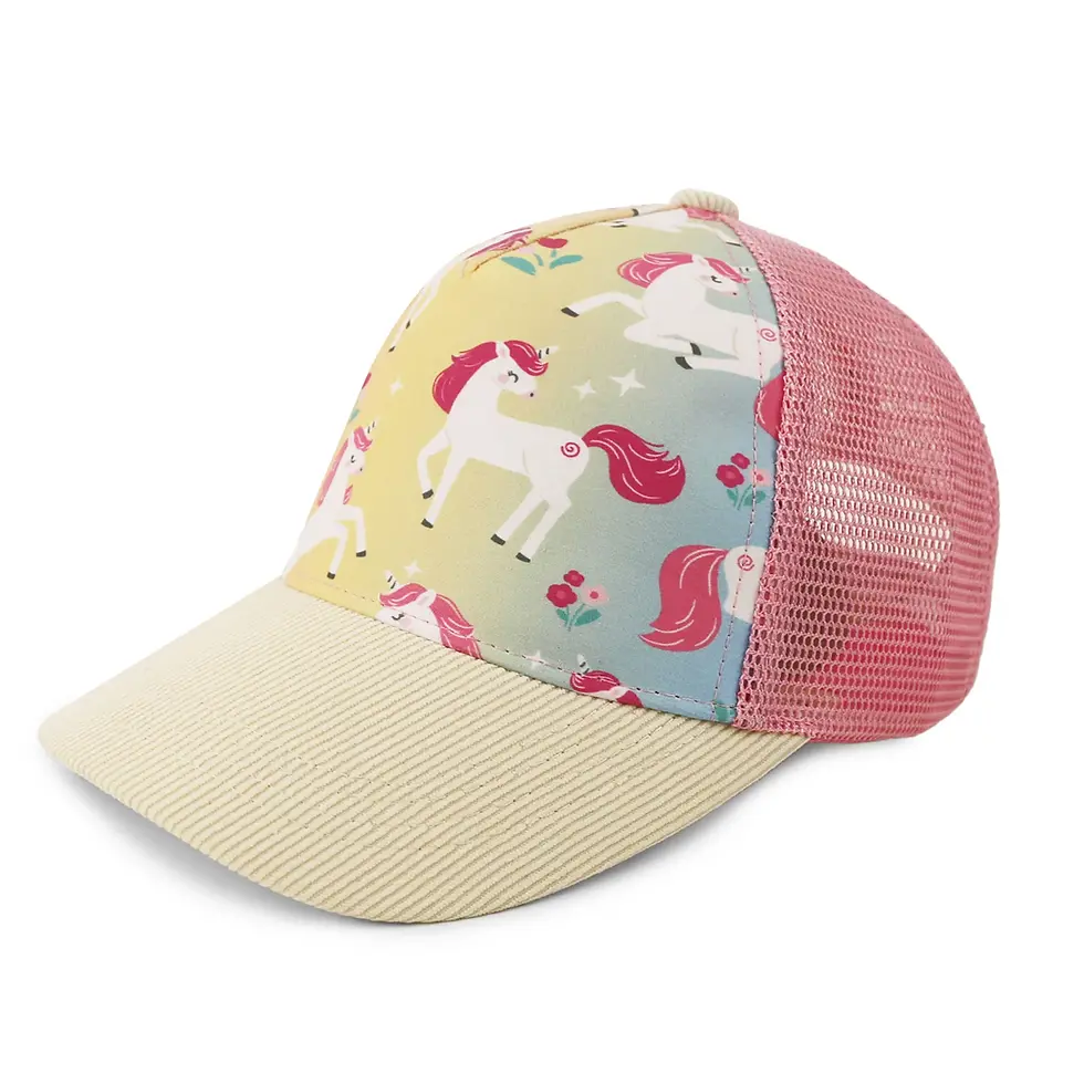 A FlapJackKids ball cap featuring a unicorn pattern with a cream corduroy brim and pink mesh back at Tickled Pink.