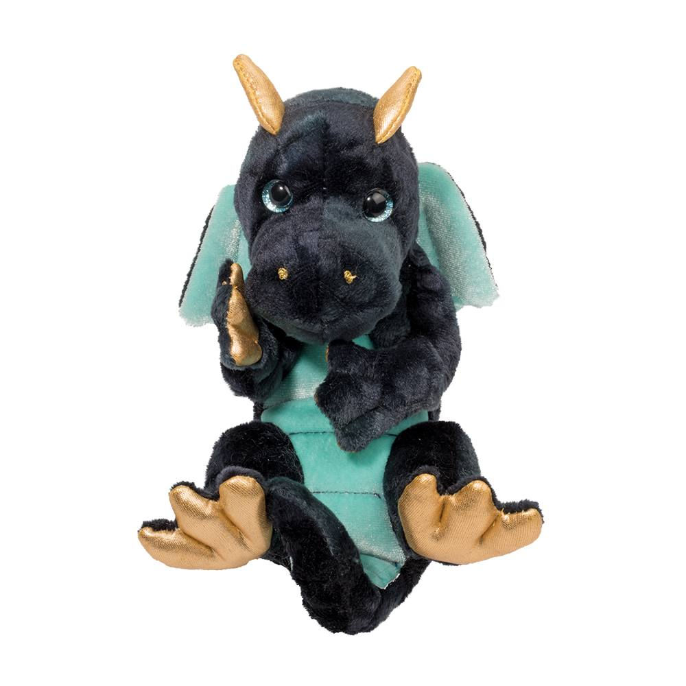 Front view of navy & teal stuffed toy baby dragon with gold horns, wings & feet in embryo position