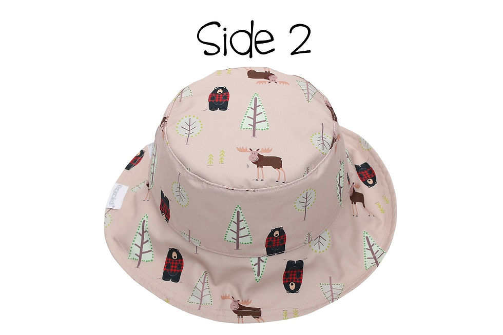 Thumbnail: Beige sun hat with brown moose & bears wearing red checked jackets