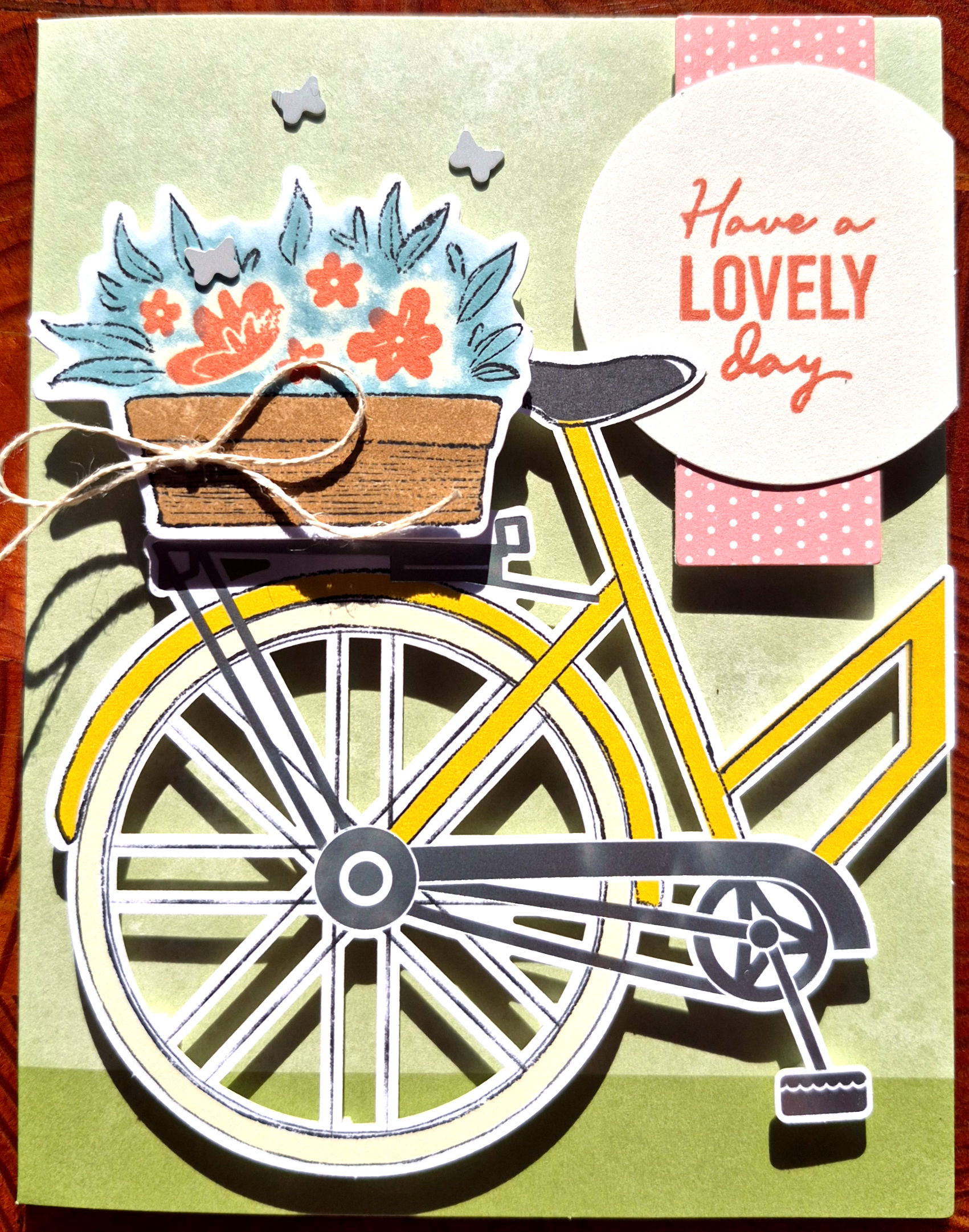 A handmade bicycle greeting card with a floral basket and Have a Lovely Day sentiment at Tickled Pink.