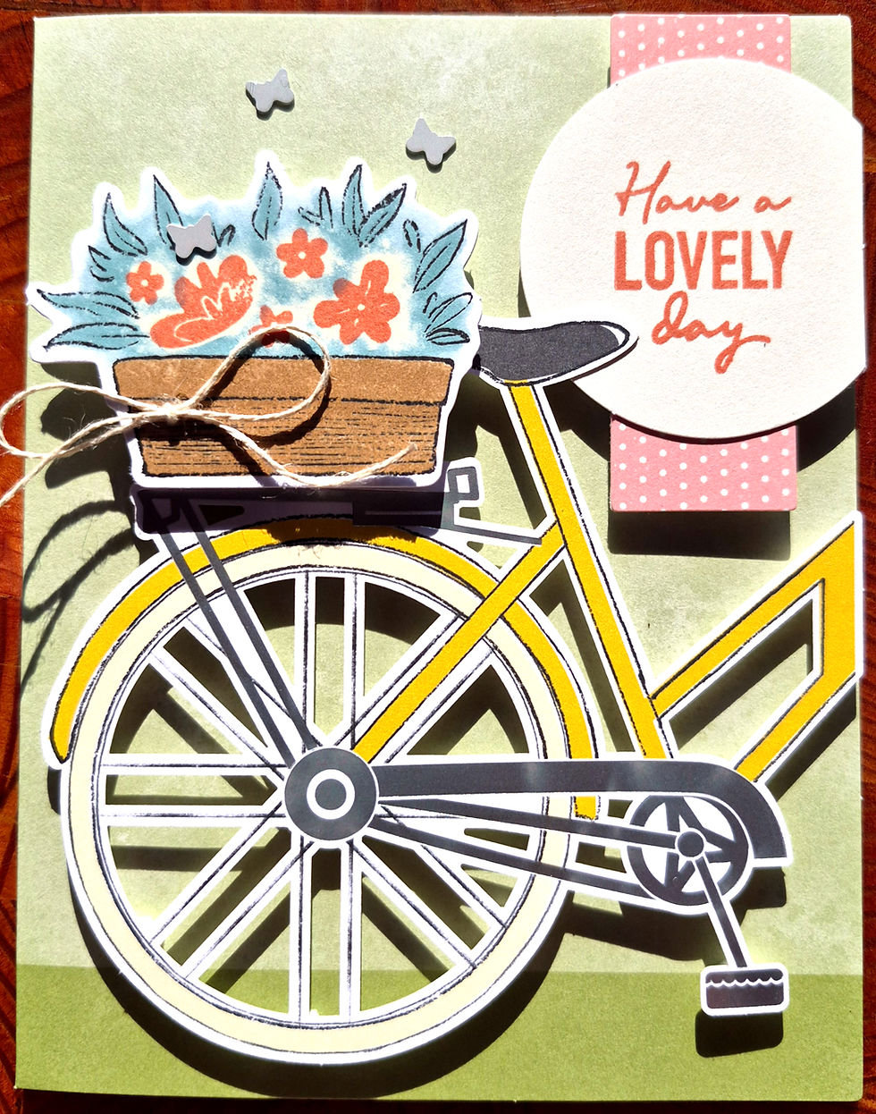 A handmade bicycle greeting card with a floral basket and Have a Lovely Day sentiment at Tickled Pink.