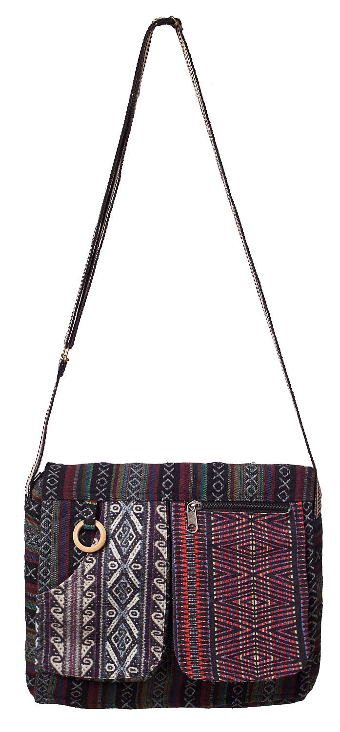 Thumbnail: Ark Fair Trade Mandu Shoulder Bag 2 outer pockets stripes & patterns in black