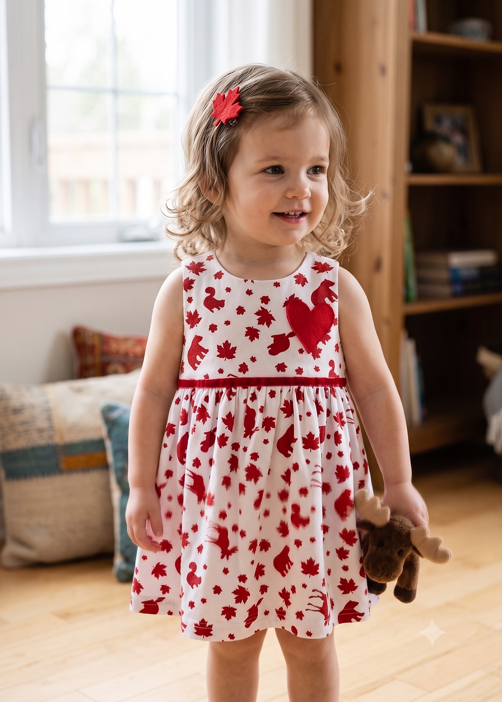A little girl wearing the Canuck Critters handmade dress at Tickled Pink.