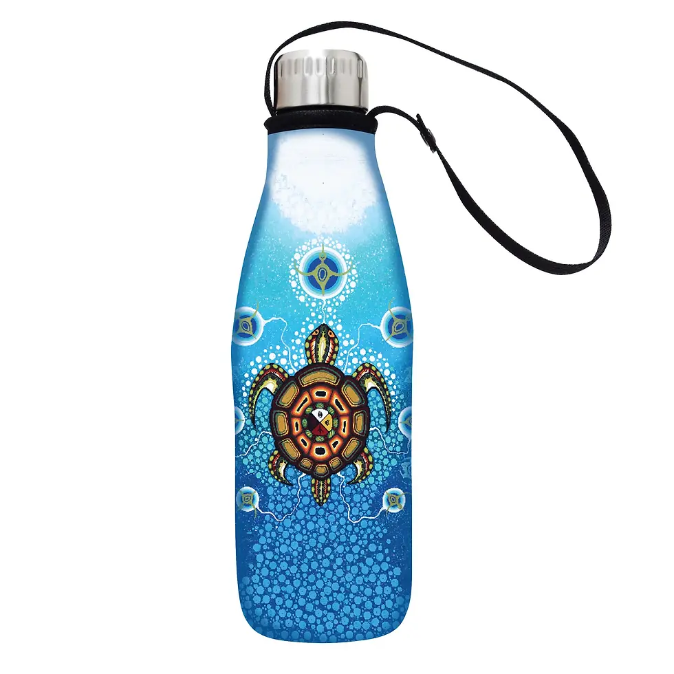 Front of stainless steel water bottle with zippered sleeve printed with artist James Jacko's painting, 'Medicine Turtle'
