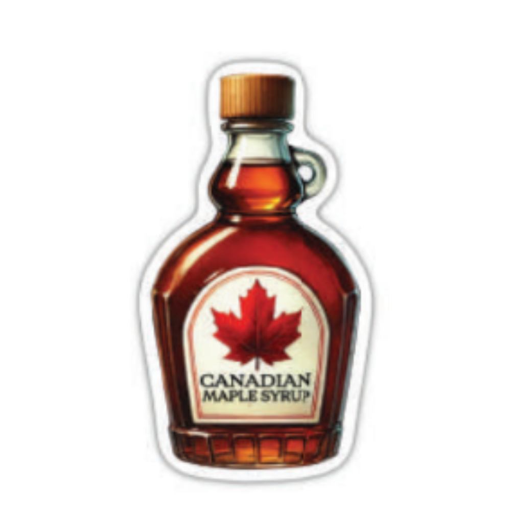 A die-cut parchment sticker illustrating a classic glass bottle of Canadian maple syrup with a red leaf label.