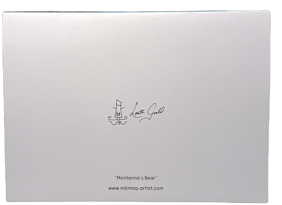 Thumbnail: Back of card with print of artist Loretta Gould's 'Montanna's Bear', showing name and artist's signature