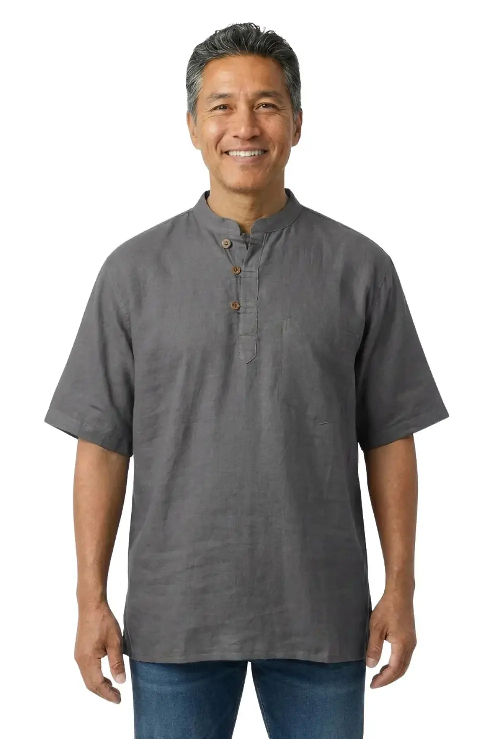 Thumbnail: Model wearing solid grey short sleeved pullover shirt with mandarin collar, 3 wooden buttons at neck