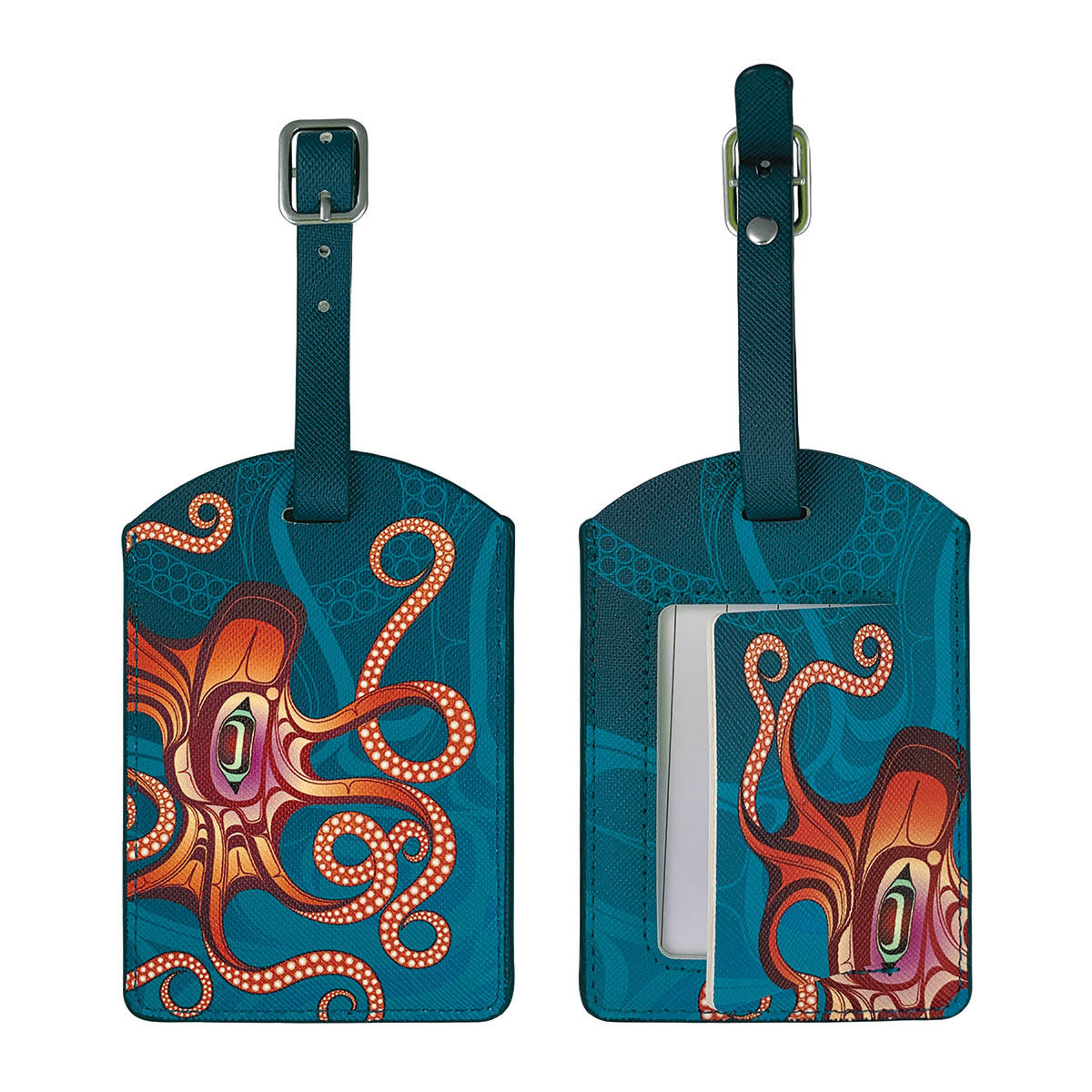 Octopus Nuu design luggage tag by Haida artist Ernest Swanson at Quichua World Market.