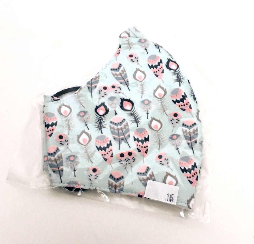 Thumbnail: Side view of folded mint green mask with dusty rose, black and white feathers print