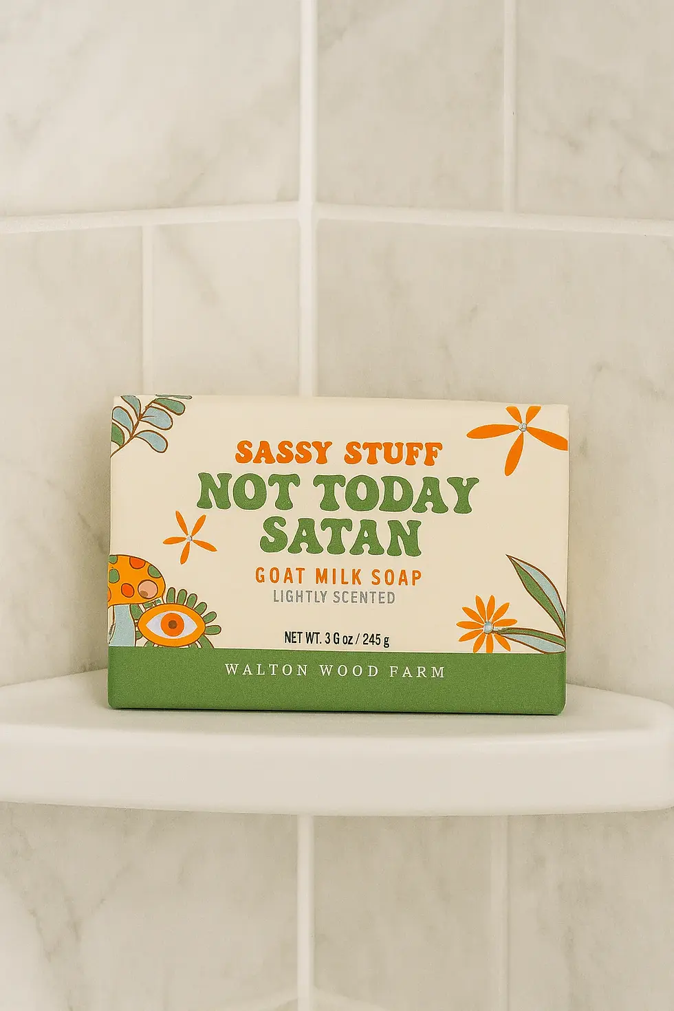 Green & orange floral paper wrapped bar soap labelled Not Today Satan bar soap on bathroom counter