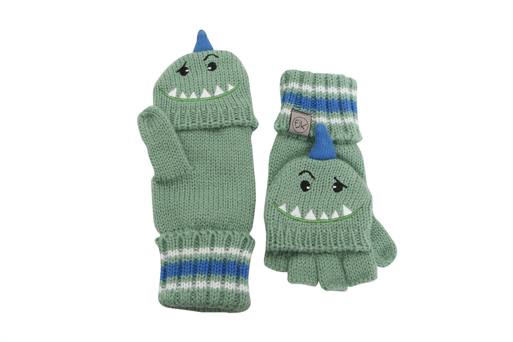 Green knit fingerless gloves with mitten flap over fingers & monster face with horn on backs