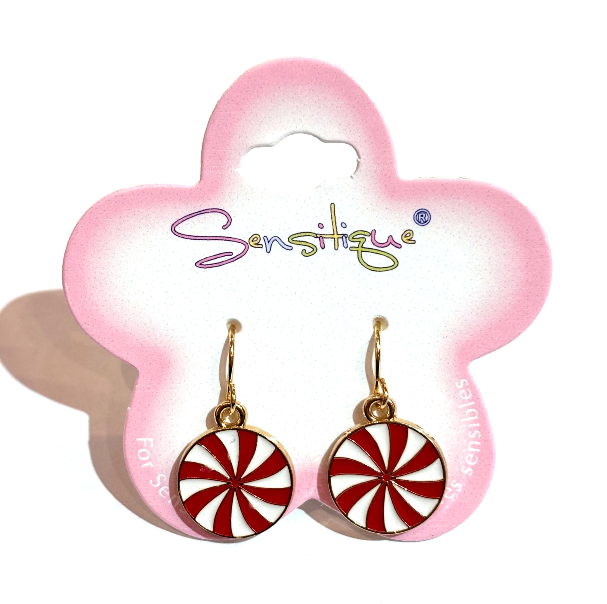 Pink & white flower shaped card holding pair of round red & white peppermint candy stud earrings