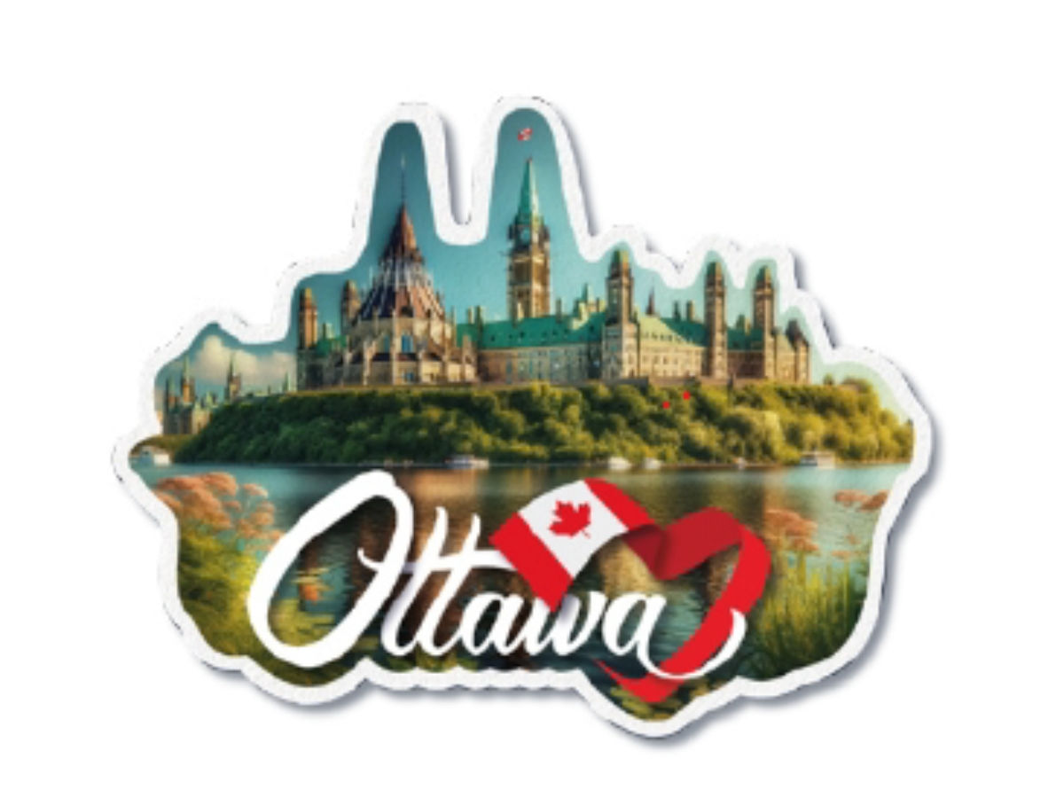 A die-cut souvenir magnet featuring a scenic river view of Ottawa Parliament Hill at Tickled Pink.