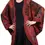 Thumbnail: Front view of model in cocoon shaped kimono style long jacket of burgundy patchwork with long sleeves