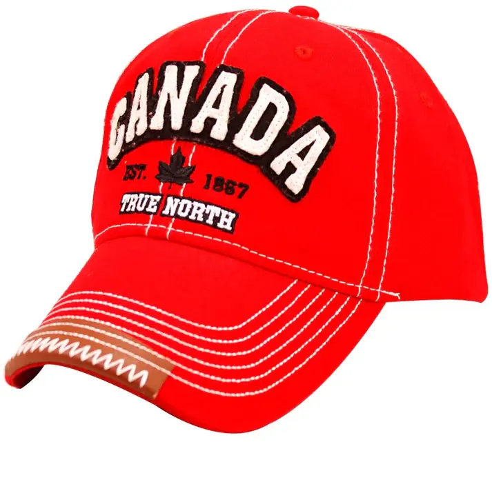 Red baseball cap with white stitching & CANADA appliqued on front