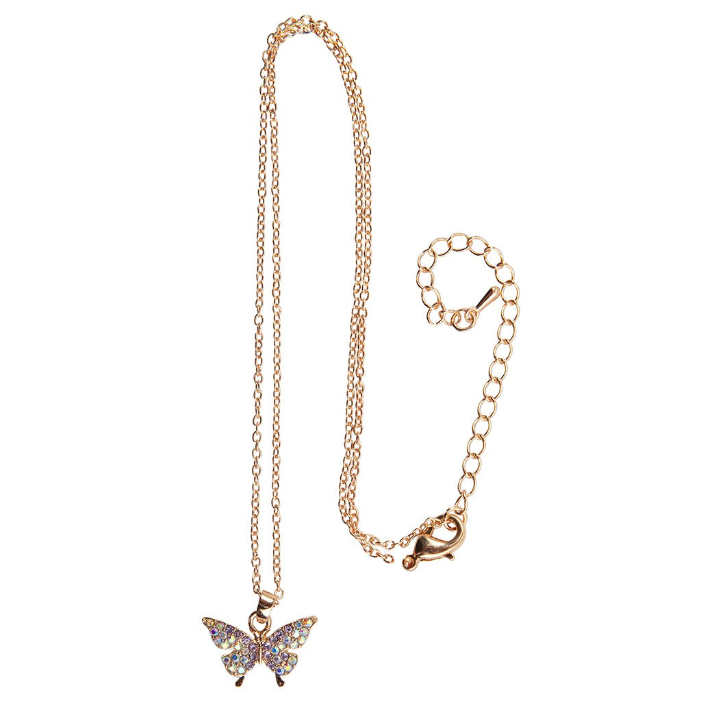 Gold-colored child's dress-up necklace with sparkling crystal studded butterfly charm pendant