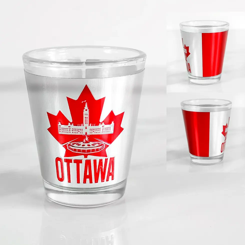 Ottawa Parliament Metallic Shot Glass with Canadian flag wrap at Tickled Pink in Ottawa ByWard Market.