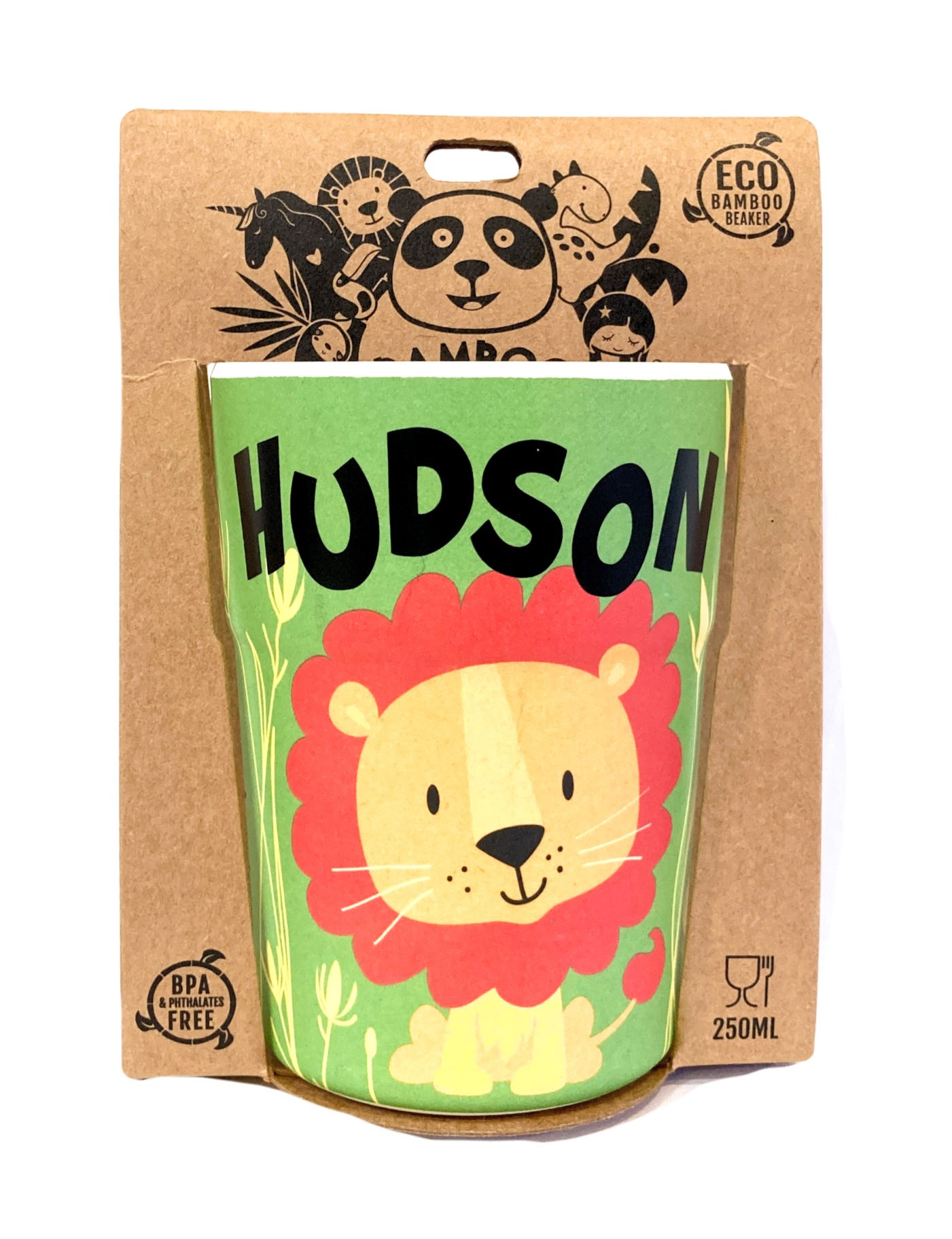 Colorful kids beaker with image of cute lion & black text 'Hudson' in brown cardboard packaging with panda logo