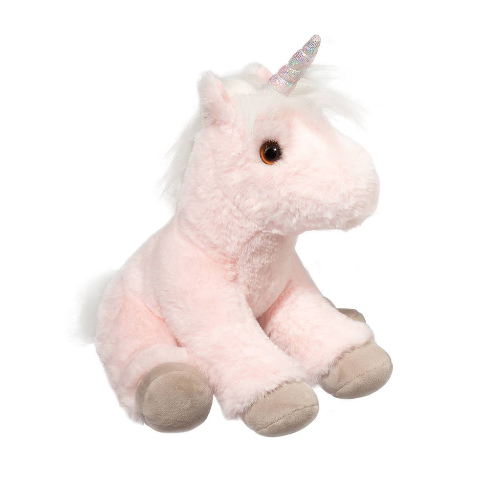 Thumbnail: Right view of soft plush pink stuffed toy unicorn in seated position