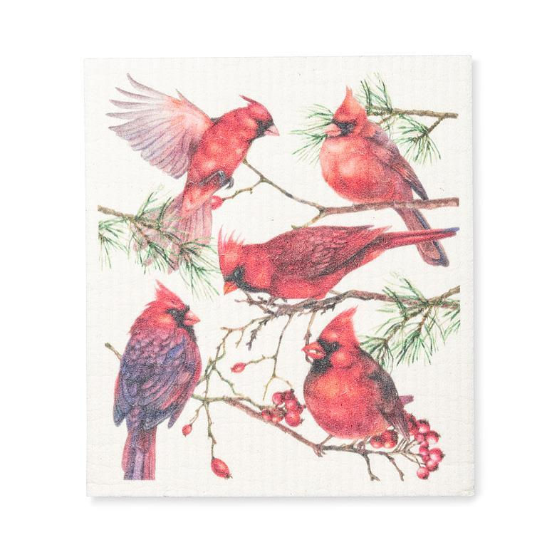 White rectangular dishcloth with print of 5 red cardinals